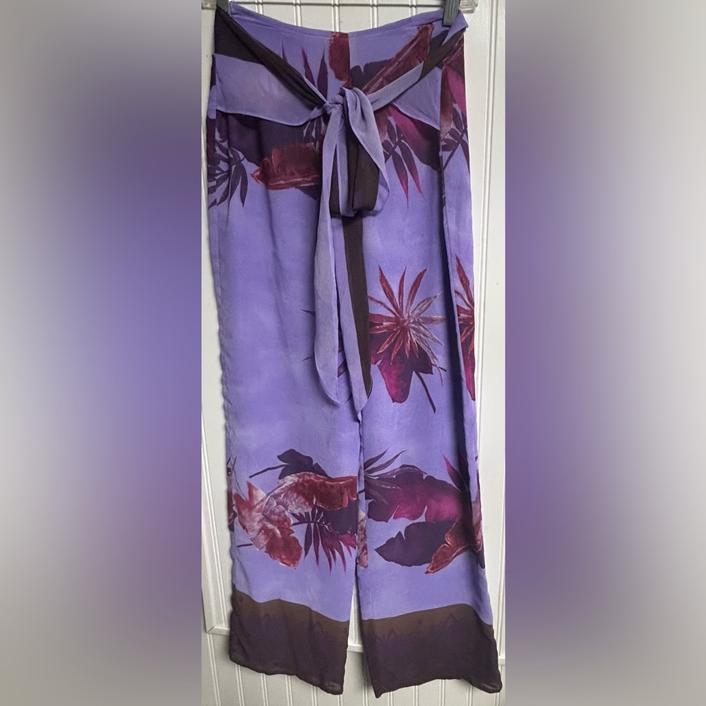 Cache Vintage 90s Floral Sheer Lined Purple Chiffon Wide Leg Pants Sz 4